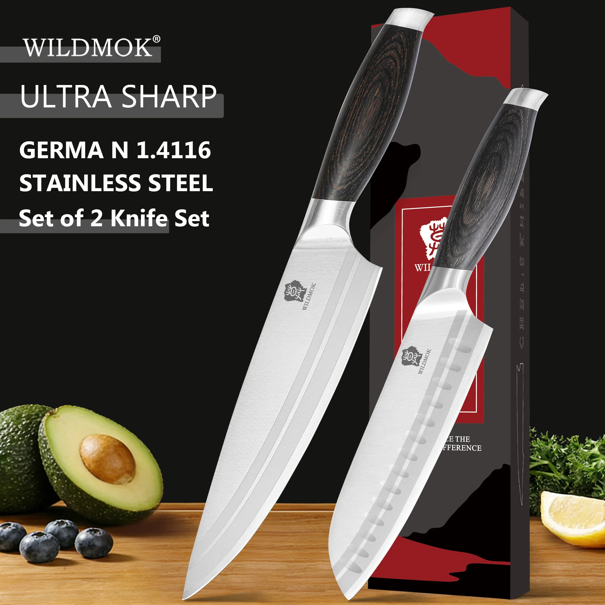

Набор из 2 ножей WILDMOK Chef Santoku, немецкая нержавеющая сталь 1.4116, острые кухонные ножи с рукояткой из паккавуда