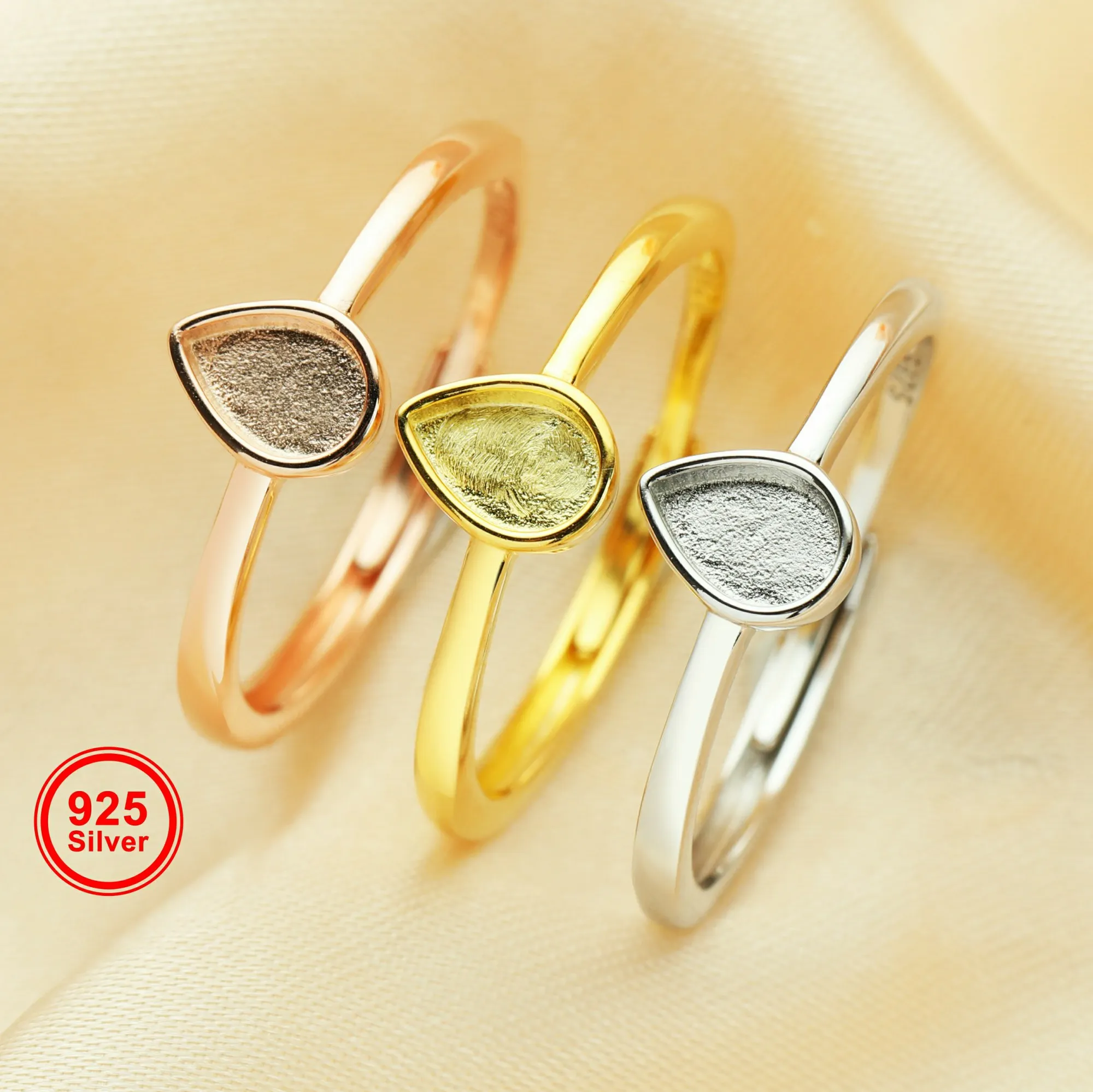 Oprawy do pierścionków z żywicy na mleko matki, w kształcie gruszki, 4x6MM, solidny tył, srebro próby 925 platerowane różowym złotem, pierścionek DIY, 1294670