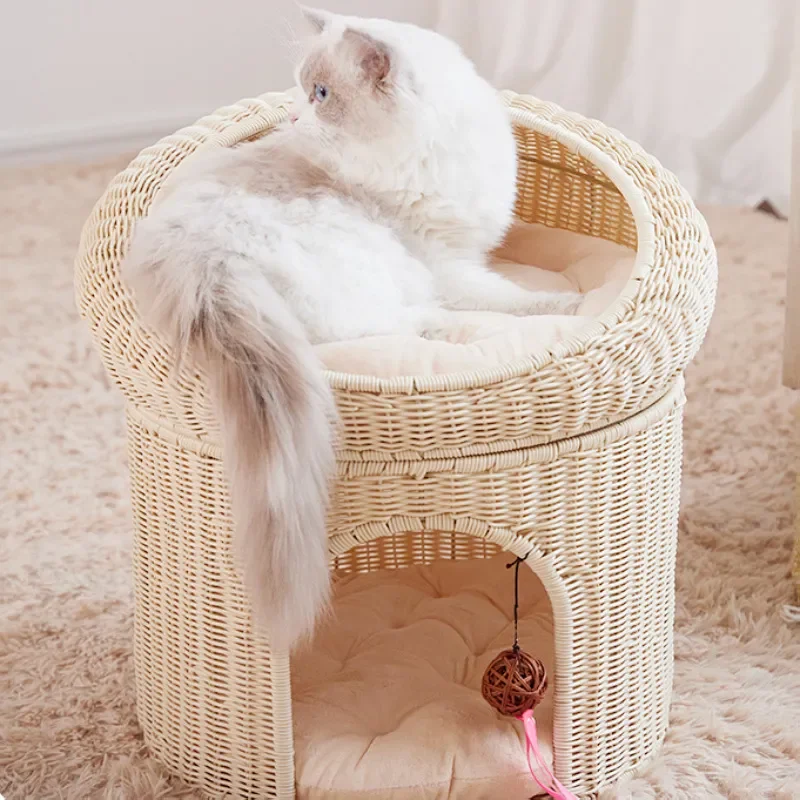 Cool cat nest in summer, breathable rattan house, kitten nest universal in all seasons, double-layer semi-closed pet nest