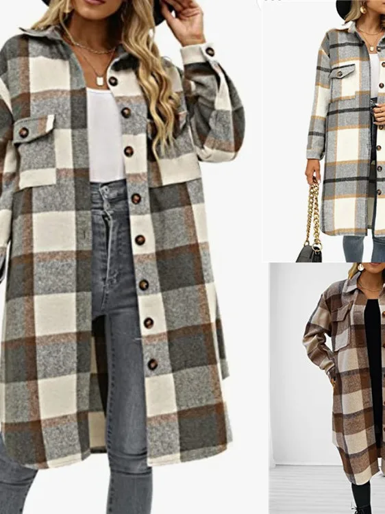 

Plaid Long Coat Women's Street Sle Loose Fit Woolen Jaet Winter Windbreaker Faux Fur Lined Regular Sve Length