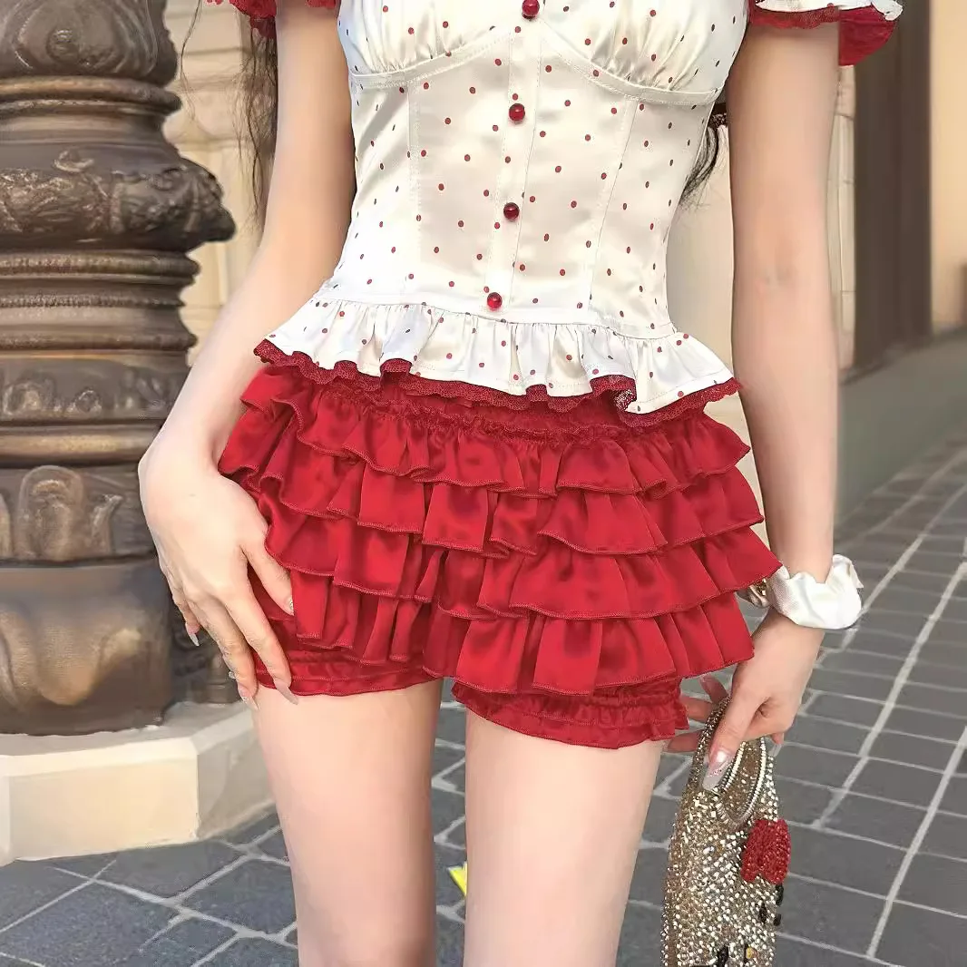 Sweet and hot-selling cream doll real acetate satin lace bubble shorts retro style