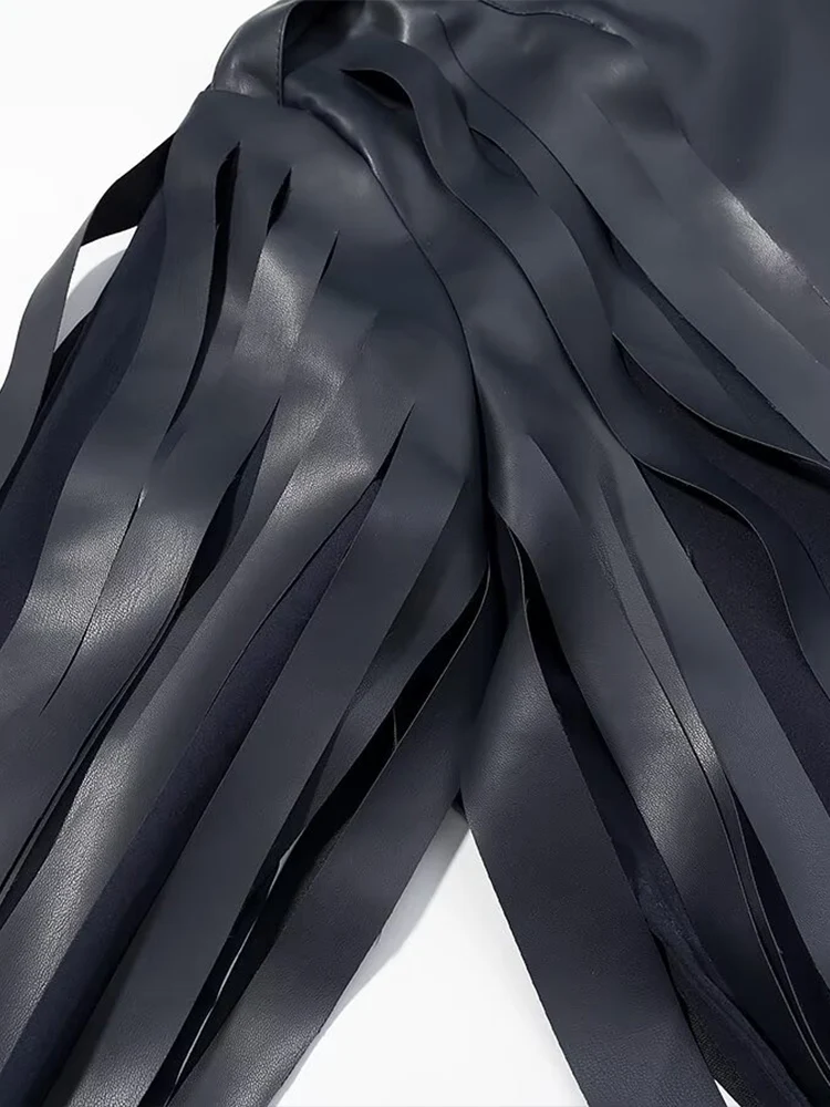 Veste courte en faux cuir PU à manches longues et franges, style européen, nouvelle mode pour femmes, polyvalente et élégante, couleur unie.