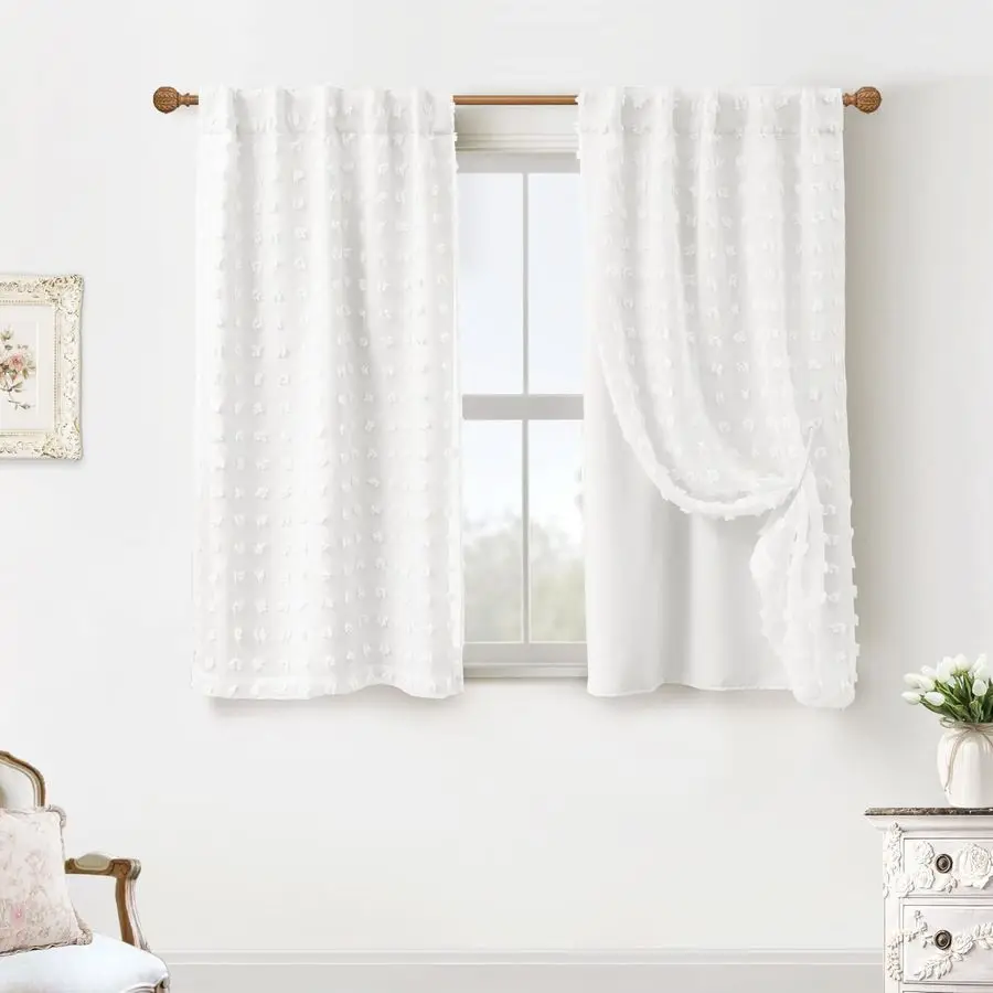 

Curtains Window,Short White Boho Pom Pom 60 Backout Farmhouse Privacy Curtain for Small Bedroom Kitchen Windows 45 Inch Length