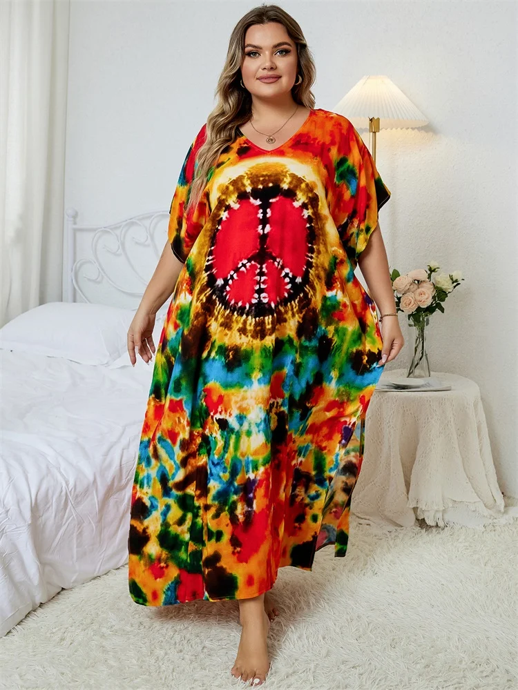 Sexy V Neck Print Oversize Kaftan Batwing Sleeve Side Slit Summer Vacation Women Beachwear Plus Size Swimsuit Cover-ups Q1464