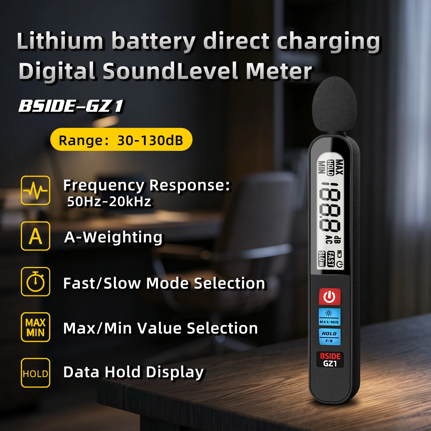 BSIDE GZ1 Portable Sound Level Detector 30‑130dB A Weighted Decibel Tester Backlit Screen Data Retention Max Min Auto Shutdown