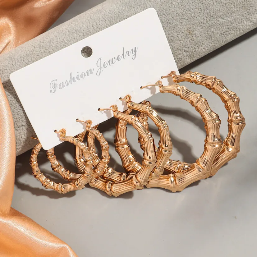 

3Pair/set Statement Gold Color Big Bamboo Circle Hoop Earrings for Women Hip Hop Large Round Geometric Earrings Hoops Jewelry