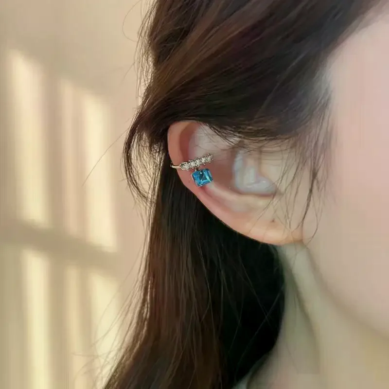 Shiny Blue Zircon C-Shape Clip Earrings, Adjustable Non-Piercing Rhinestone Earrings for Women