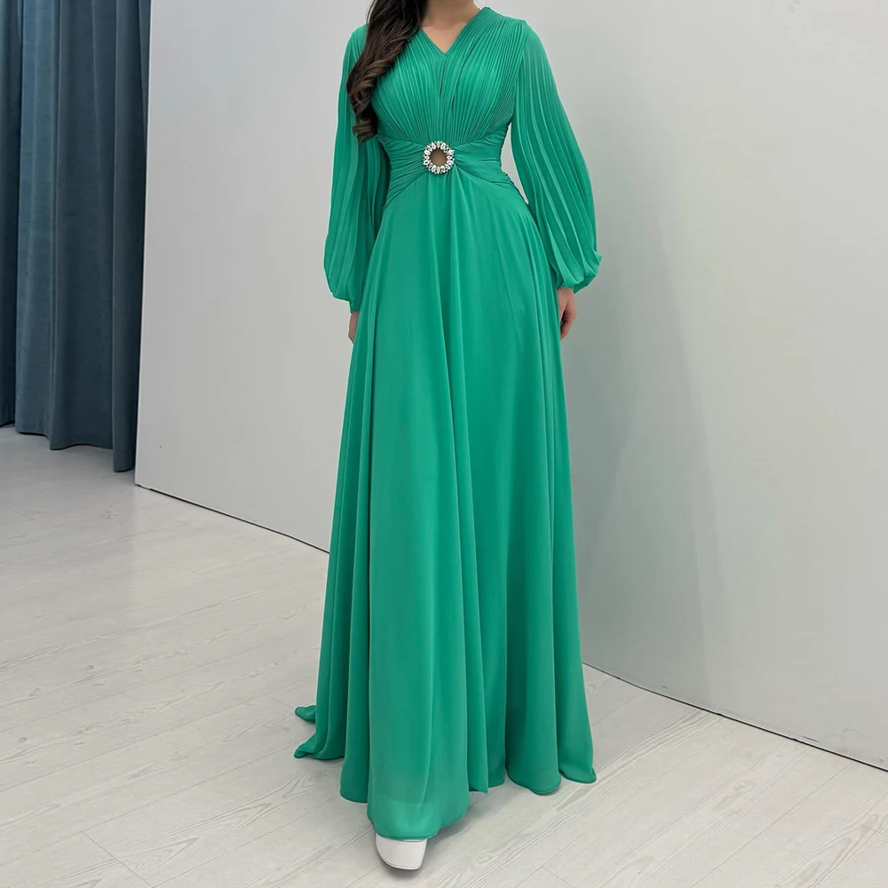

Customized A-line Evening Dresses Floor-length V-neck Full Sleeve Prom Gown Simple Fashion Crystal Pleat Draped Party Gown