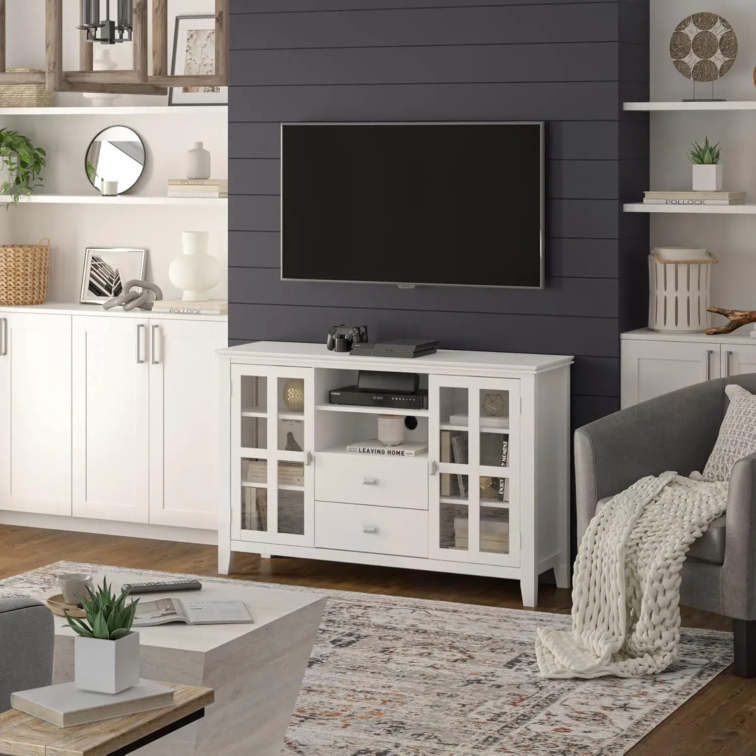 SOLID WOOD 53 Inch Wide Contemporary TV Media Stand in White for TVs up to 60 Inches, For the Living Room