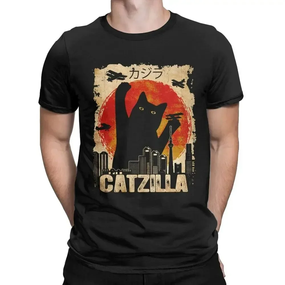 Fashion Vintage Catzilla Monsters Kitten T-Shirts Men Round Neck Cotton T Shirts Cat Short Sleeve Tees Oversized Clothing