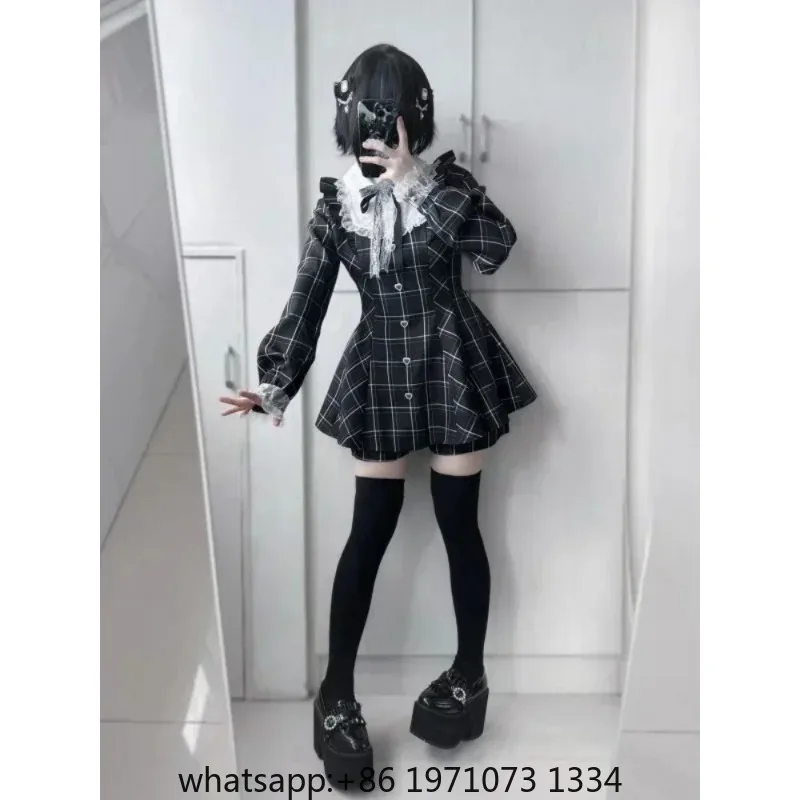 Japanese Kawaii Sweet Lace Patchwork Plaid Dress Women Fairy Grunge Ruffled Long Sleeve Dresses Y2k Aesthetic JK Lolita Vestidos
