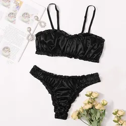 Sexy Silk Satin Lingerie Set Women Elastic Naked Underwear Bra Thong Black Sexy Lingerine Outfit Female Comfy Bra Set Sleepwear