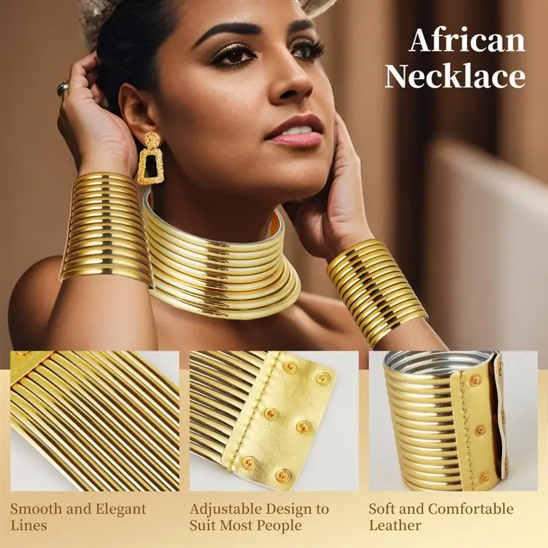 4Pcs African Jewelry Set Gold Neck Collar Adjustable Women Necklace Wide Artificial Leather Bracelets Large Lightweight Earrings