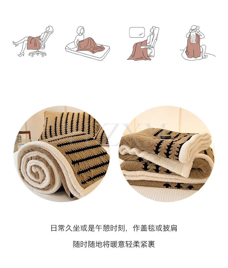 Double Layer Fleece Warm Winter Blanket Striped Thick Plush Blanket for Single Double Bed Multipurpose Sofa Throw Blanket Autumn