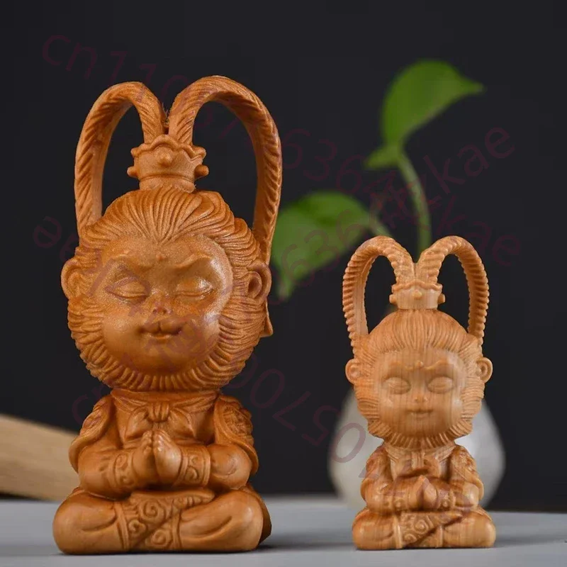 Wood Carving Cartoon Sun Wukong Sculptures And Figurines Hand Carved Solid Wood Home Room Office Wealth Luck Feng Shui Decor