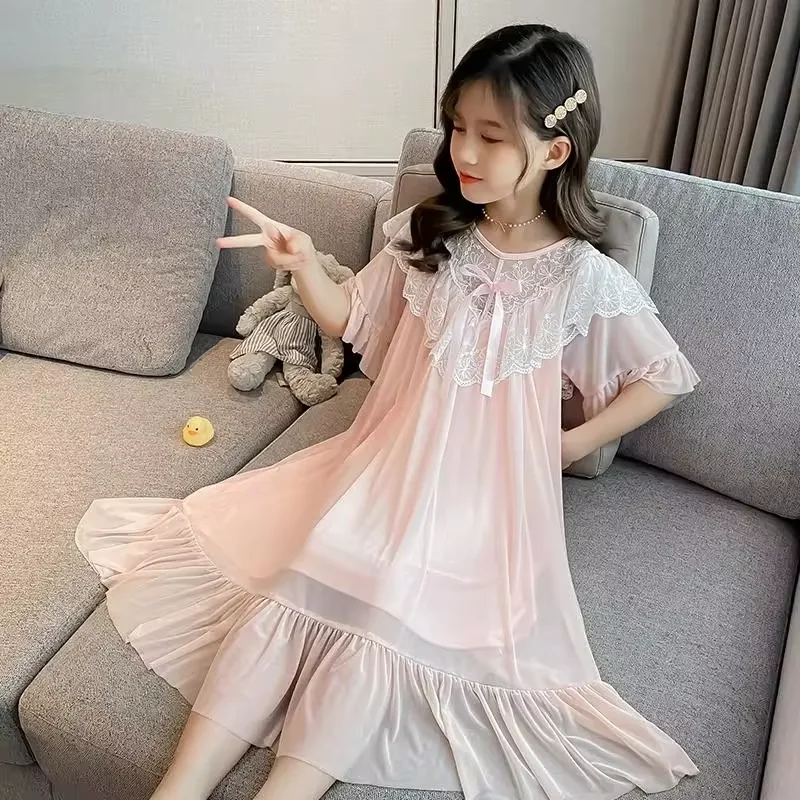 Summer Thin Lace Girls Nightgown Solid Color Mesh Children Home Clothes Long Nightdress Sweet Princess Style Baby Girl Nightgown