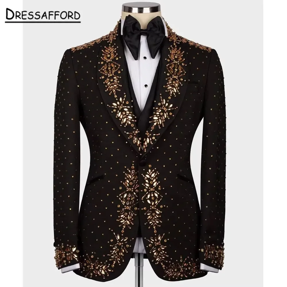 Black Men's Suits Fashion 2 Pieces Sets Gold Diamonds Crystal Groom Prom Blazers Decoration Tuxedos Men