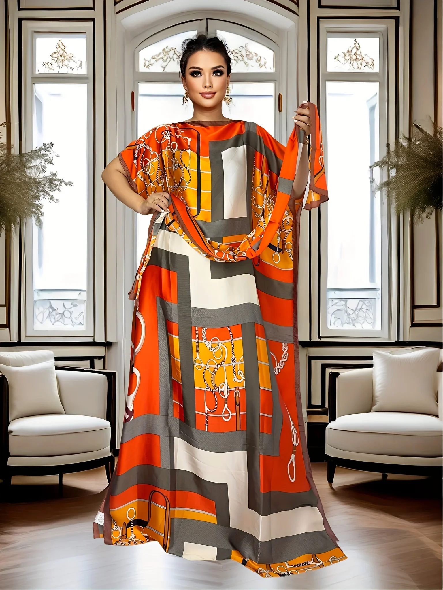 

Floral Geometry Party Dress Women's Vintage Style Maxi Dress Batwing Sleeve Floor-Length Evening Gown for Women
