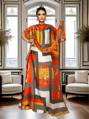 Floral Geometry Party Dress Women's Vintage Style Maxi Dress Batwing Sleeve Floor-Length Evening Gown for Women