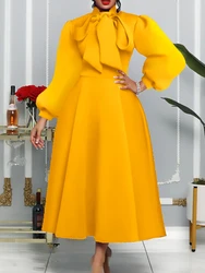 2024 Autumn Winter Stylish Women Classy Evening Party Dress Big Bowtie Long Puff Sleeves Pleated Swing Robe Birthday Event Gowns