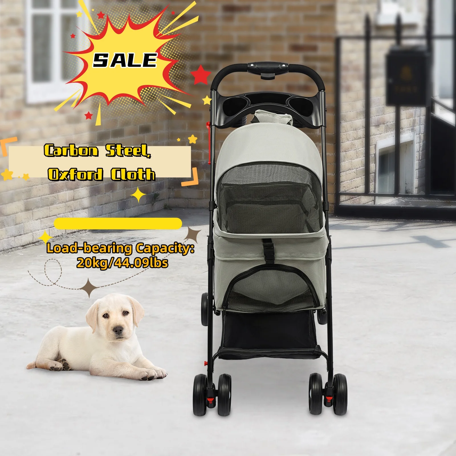 

4 Wheels Pet Dog Cat Stroller Portable Pet Cart Foldable Detachable Puppy Carrier with Storage Basket