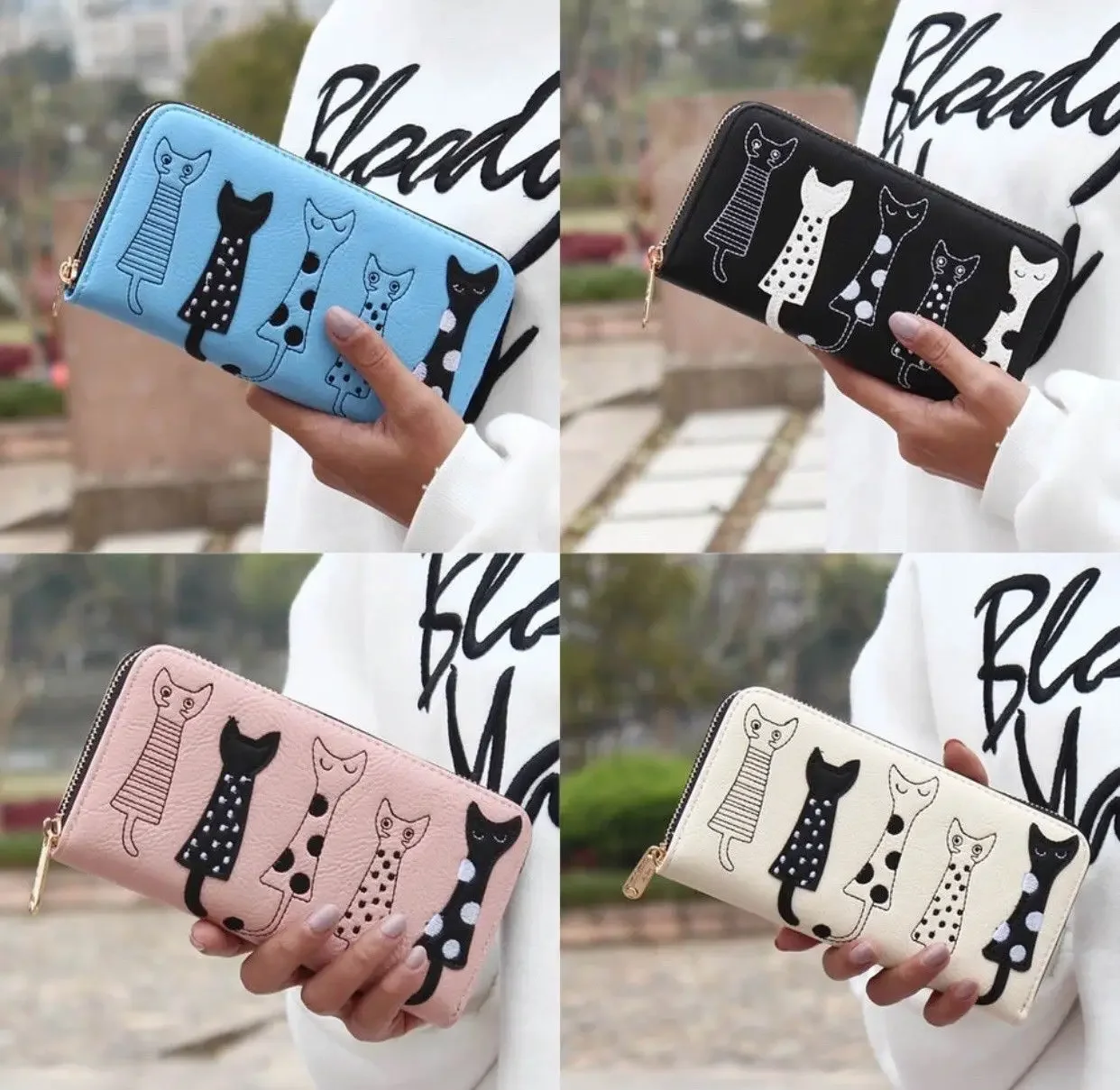 

Women's Long Wallet PU Leather Cute Cartoon Cats Girls Zipper Around Purse Ladies ID Bank Card Holder Clutch Phone Bag Handbag
