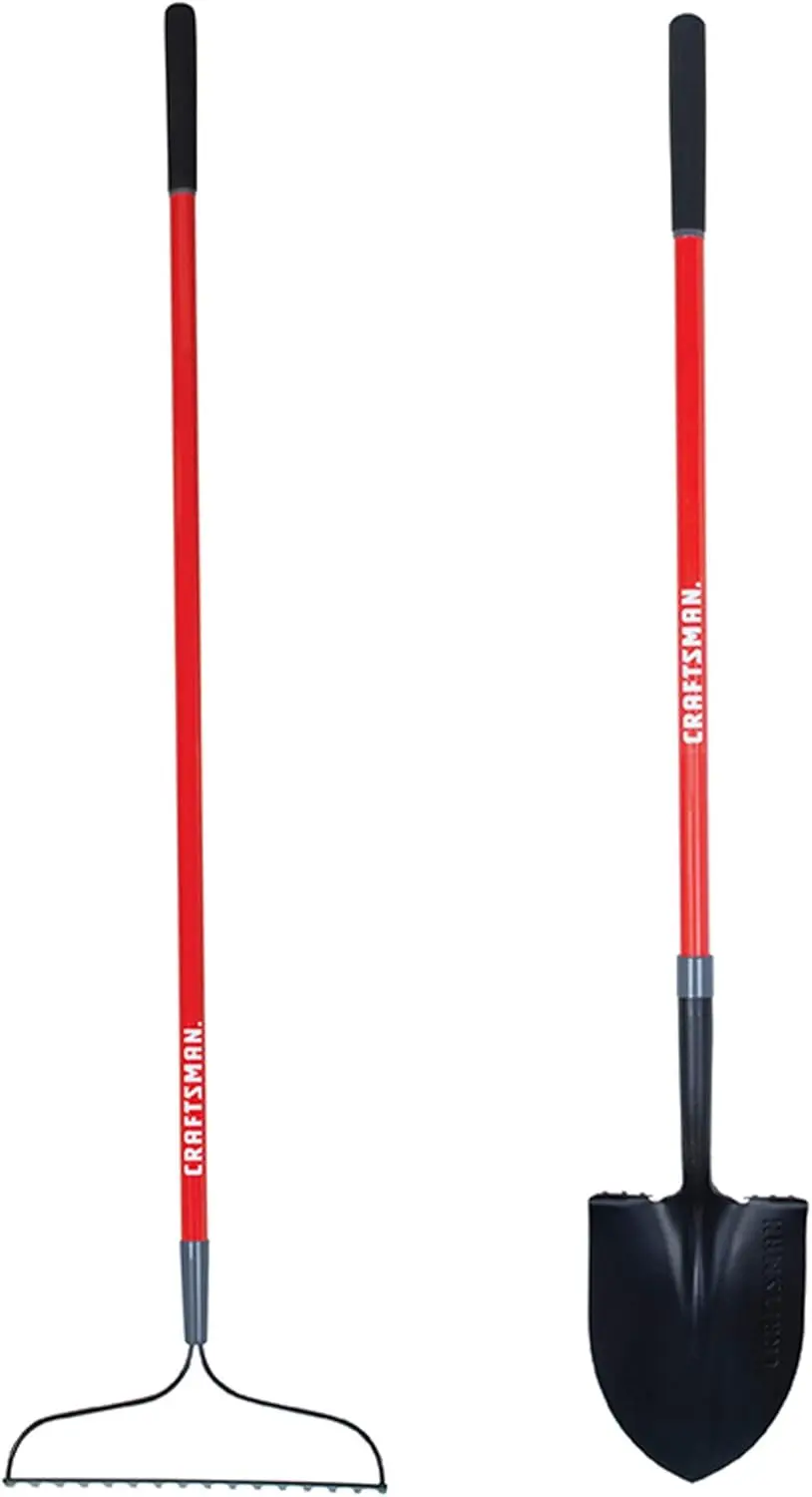 

2-Piece Garden Tool Set with Digging Shovel and Bow Rake, Fiberglass Handles, Cushion Grips for Landscaping & Gardening