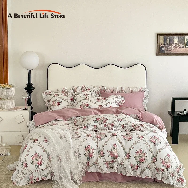 

Rose Lace Ruffles Bedding Set, 100% Cotton, French Style, Vintage Flowers Duvet Cover, Solid Color Bed Skirt, Pillowcases, 4Pcs