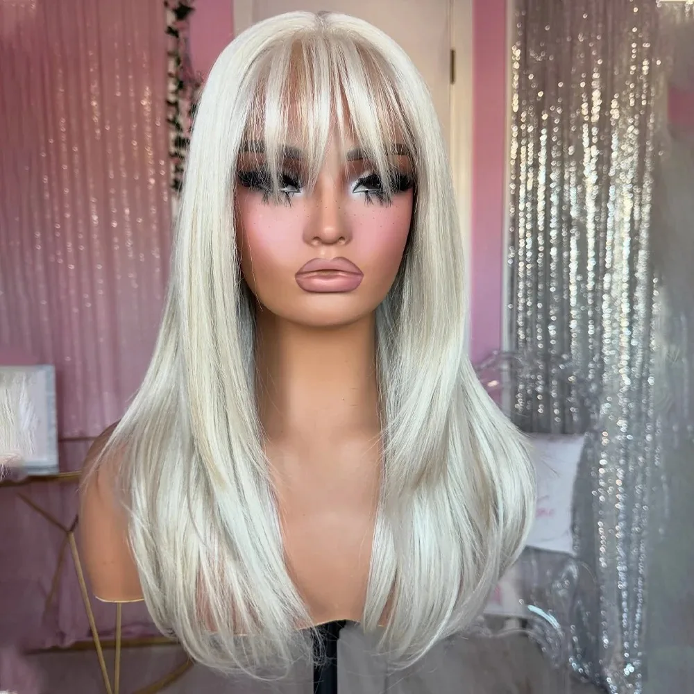 White Layered Lace Wig With Bangs Straight Platinum Blonde Synthetic For Women 13x4 HD Pre Cut Daily Glueless Cosplay For Women