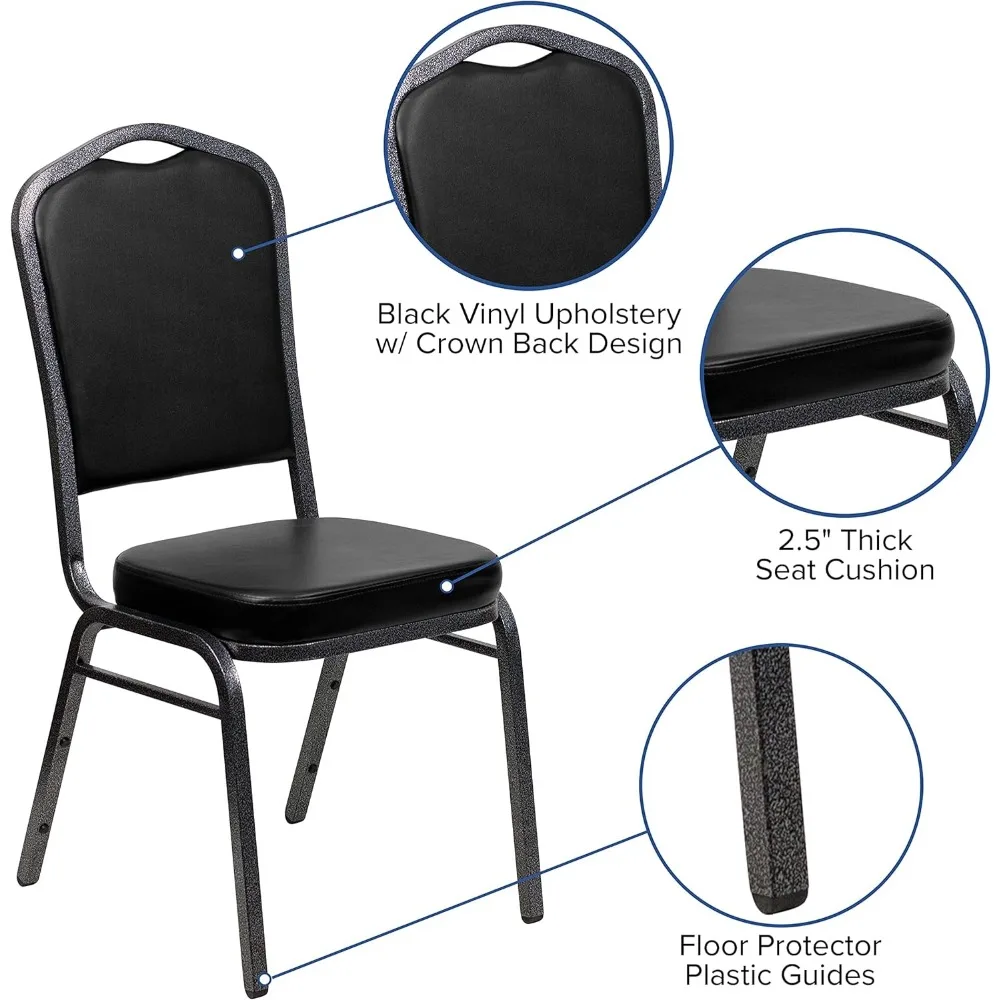 كراسي مأدبة قابلة للتكديس من الفينيل الأسود مع إطارات الوريد الفضية (4 عبوات)