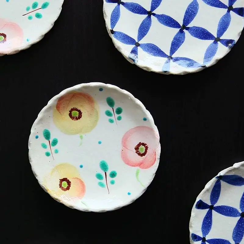In-Stock Japanese Kutani Ware Kōkōzan Kiln Pure Handmade Hand-Painted Rustic Pottery Flower/Plaid Pattern Small Plate Saucer Cup