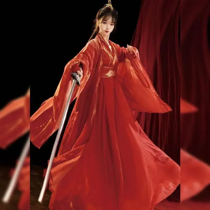 

Red Hanfu Men Women Traditional Chinese Clothing Vintage Phoenix Feather Printing Suits Halloween Cosplay Costume Niche
