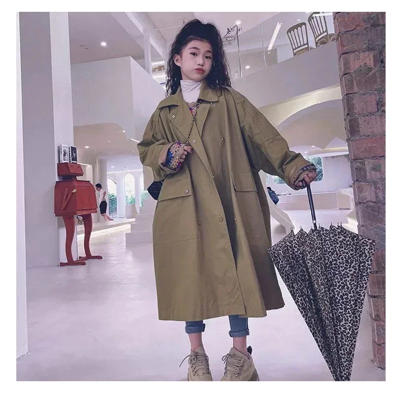 Kids Girl 8 10 years Double-breasted Trench Coat Spring Fall Black Long Coat Fashion Loose Teenage Girl Long Windbreaker