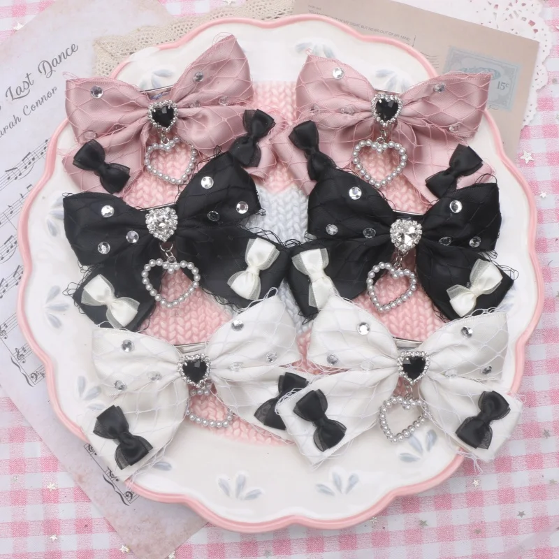 Gothic Lolita Cool Net Hairpins Pearl Ornament Handmade Bow Delicate Rhinestone Hair Clip For Women  Jirai Kei Accessories