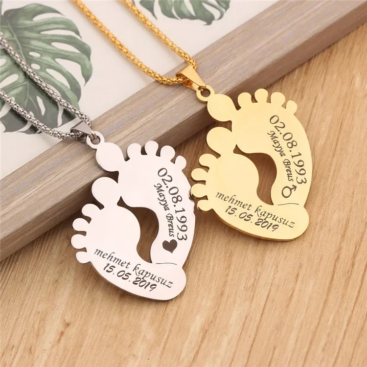 Custom Engraved Stainless Steel Baby Feet Name & Birthday Pendant Necklace Personalization Included Text Woman Jewelry