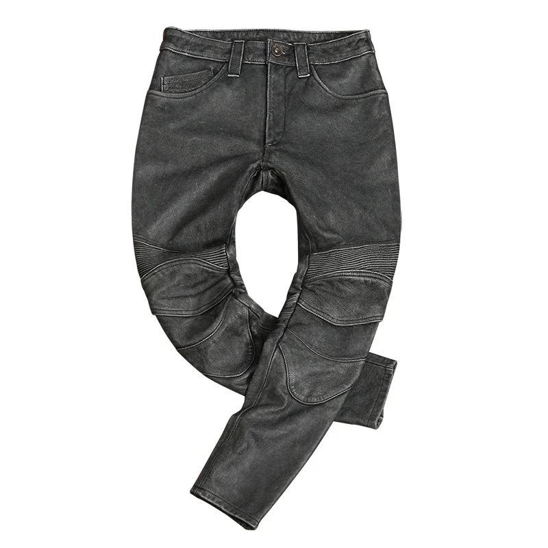 Men's Vintage Gray Black Motorcycle Style Trousers Genuine Thick Cowhide Biker's Pants Real Natural Leather Skinny Pants 4XL