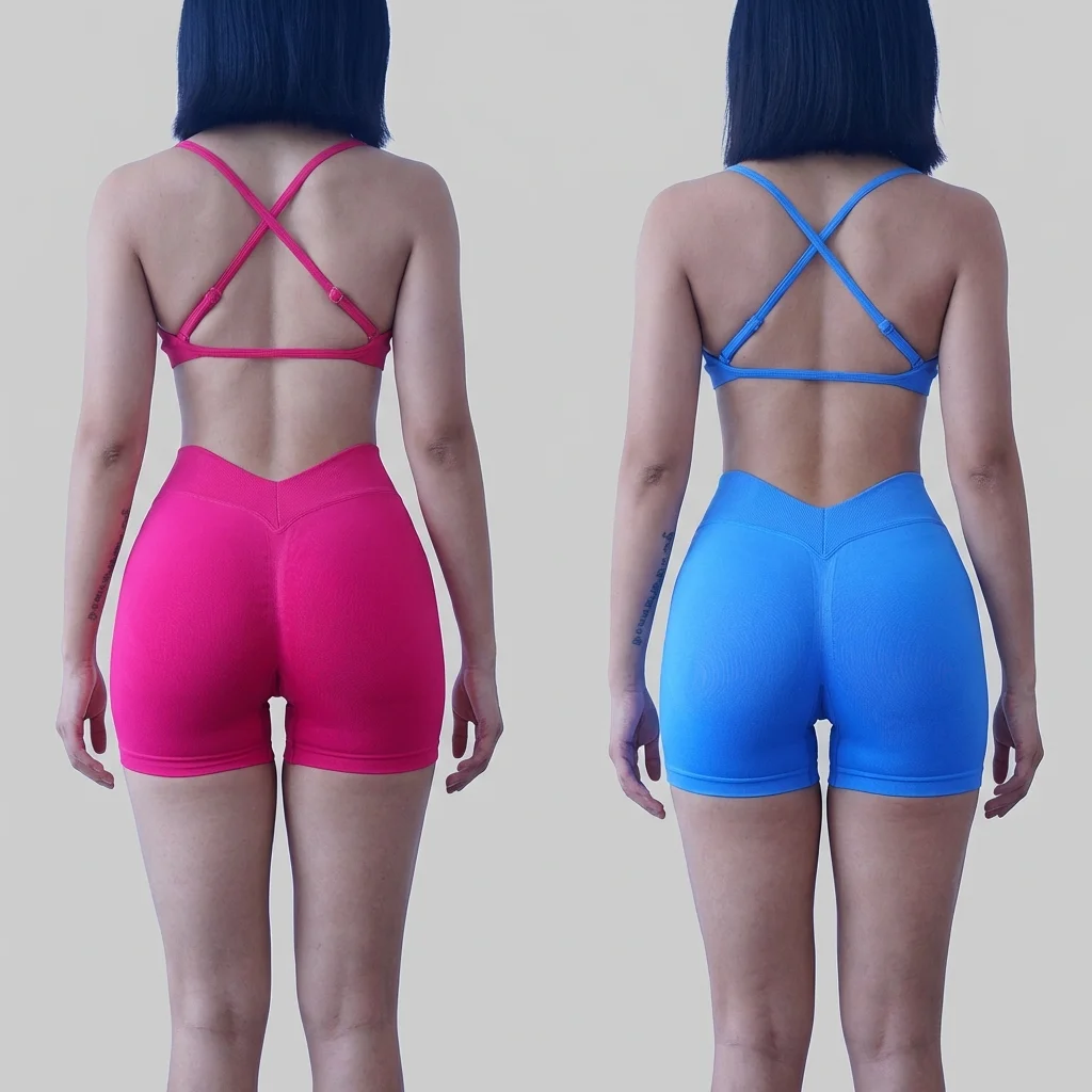 Nahtloses, schnelltrocknendes Fitness-Set für Damen: Sport-BH und Hüftstraffende V-Taille Yoga-Shorts, Pilates-Trainingskleidung, Gym-Set – Detail 2