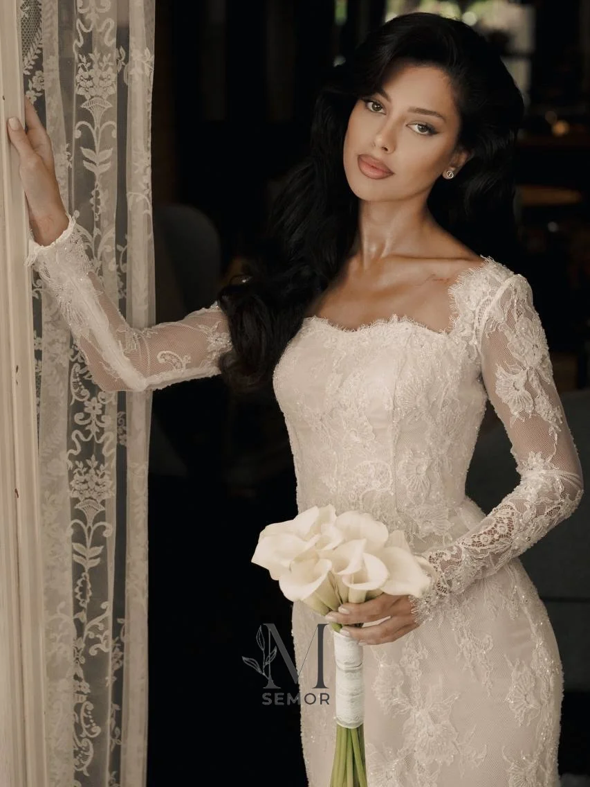 Semor Customized Vintage Lace Mermaid Wedding Dress Beaded Sequin Square Collar Long Sleeve Sweep Train vestido de novia 2027