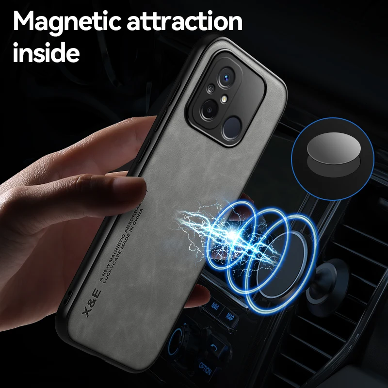 Luxury Original Leather Magnetic Case For Xiaomi Redmi 12C Cover With Metal Plate For Redmi 12C Shockproof back Cover