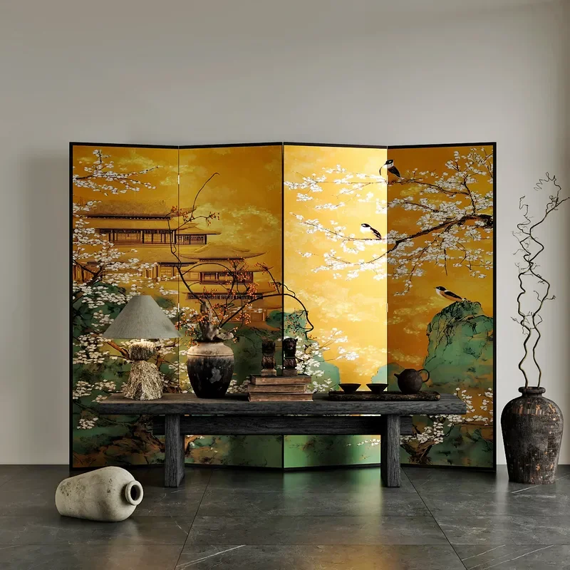 New Chinese Retro Landscape Flower Bird Zen Screen Hotel Living Room Lobby Entry Blocking Movable Partition Divider