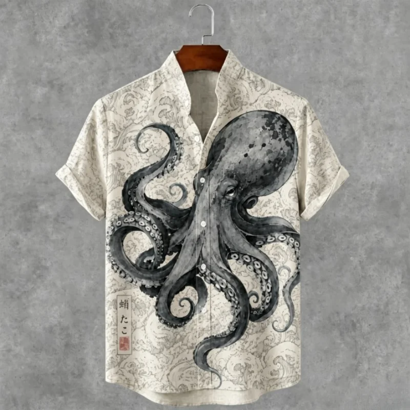 Fashion Men Japanese Style Shirts Casual Loose Ukiyo-E Octopus Print Short Sleeve Tops Vintage  Button Up Vacation Tunics