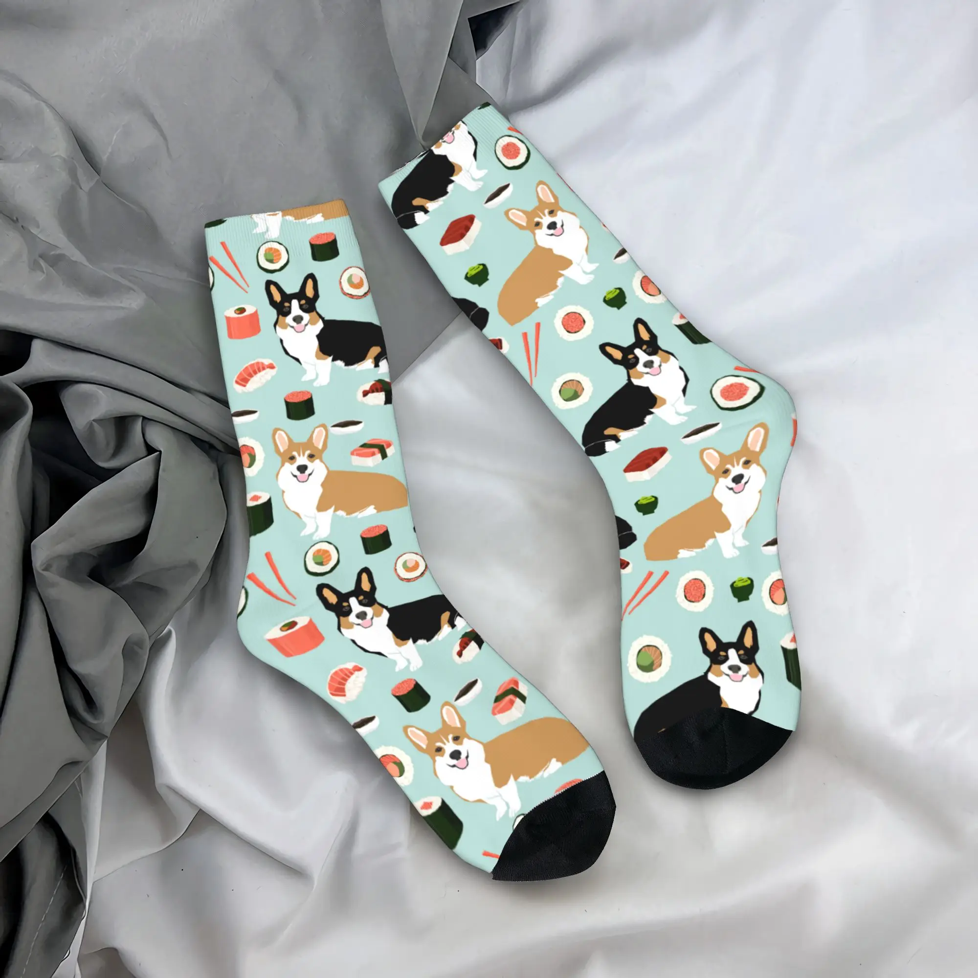 

Хип-хоп Корги Собаки Суши Еда Футбольные носки Длинные носки из полиэстера с животными для унисекс Нескользящие