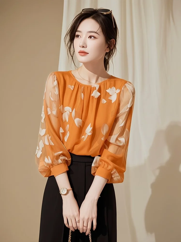 French Floral Chiffon Shirt for Women\'s New Fashion Trend, Super Beautiful Unique and Beautiful Design Sense Small Top