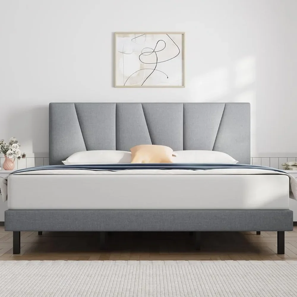 

King Bed Frame Upholstered Platform with Headboard and Strong Wooden Slats, Strong Weight Capacity, Non-Slip and Noise-Free,