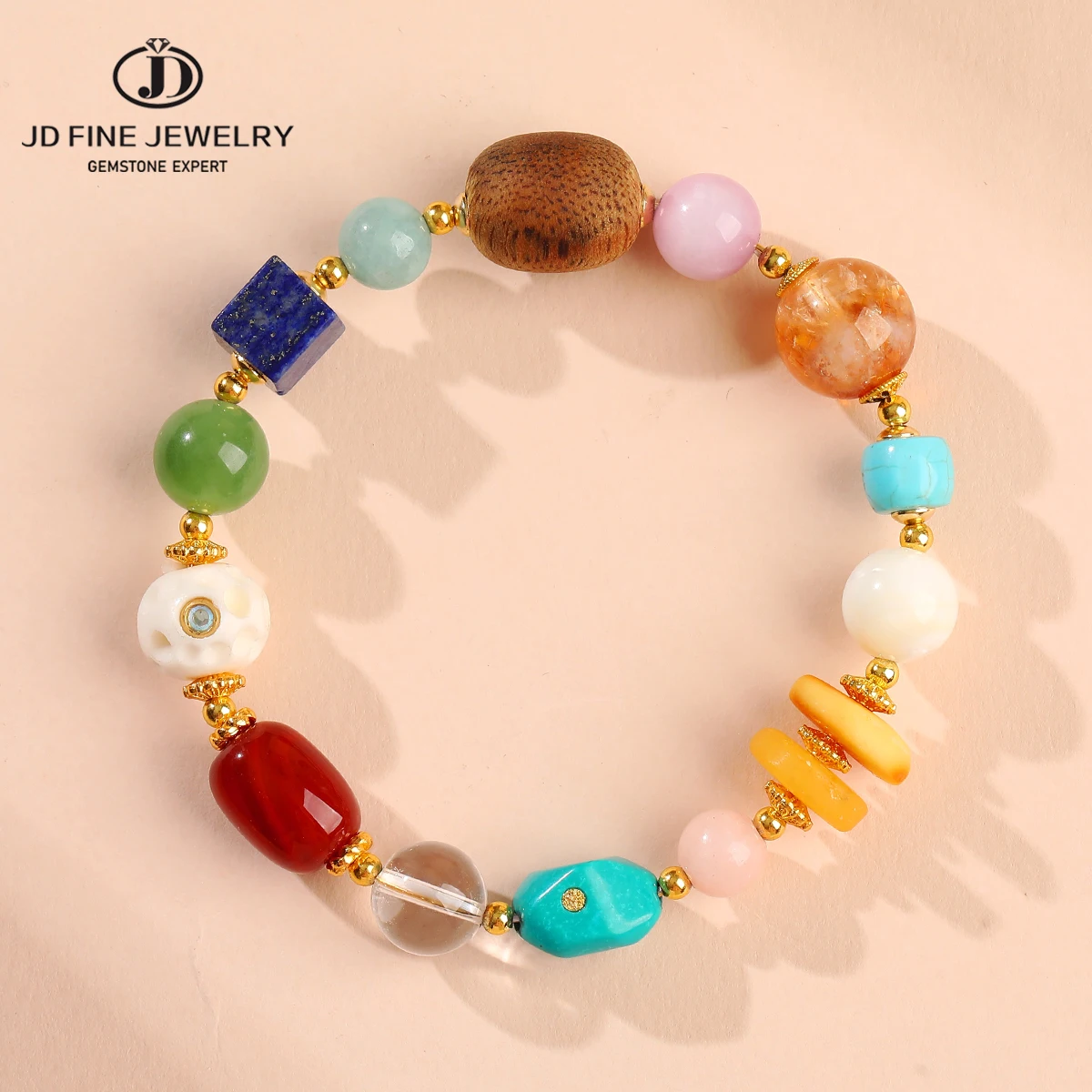 

JD Natural Stone Irregular DuoBao Crystal Aromatic Wooden Bead Design Bracelet Women Unique Boho Handcrafted Bead Strand Gift
