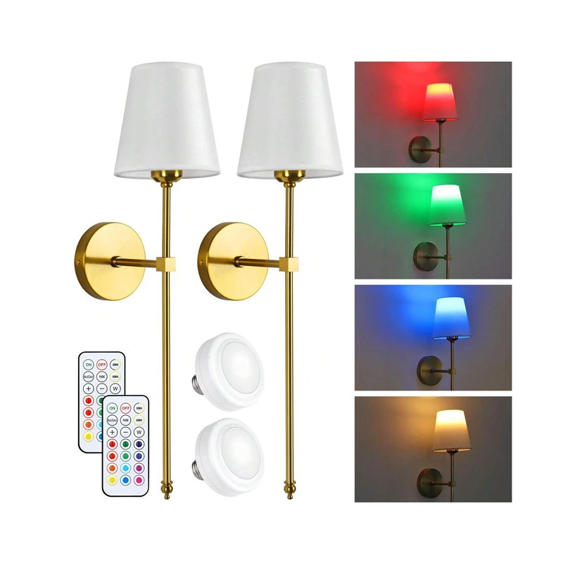 American Retro Wall Lamp Fabric Lampshade Bedroom Bedside Resding Wall Light Bathroom Lamp RGB Battery Light Bulb Night Light