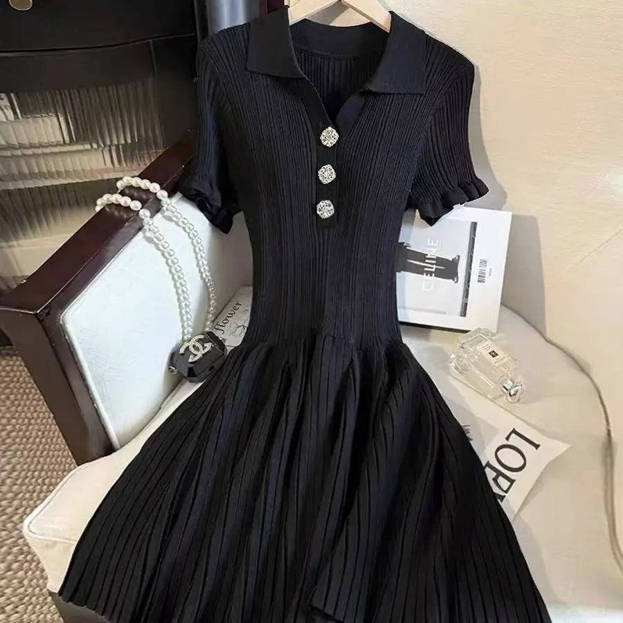 

High Quality Summer New Fashion Temperament Commuting Collar Short Sleeved Small Fragrant Button Short Knitted A-Line Dress