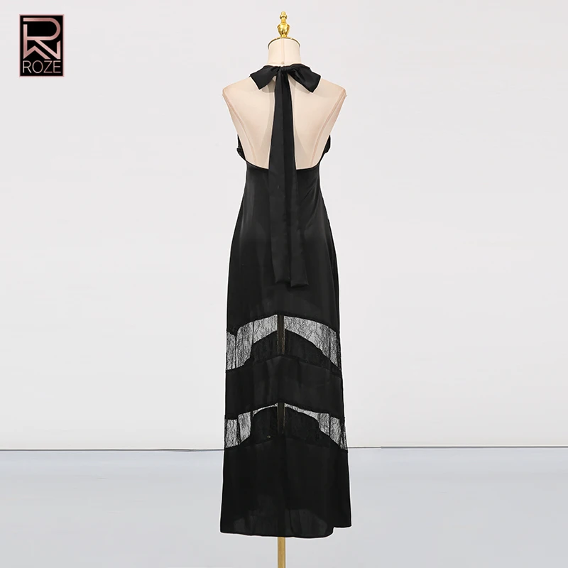 Solid Spliced Lace Slimming Sheer Hollow Out Dresses for Women Halter Sleeveless High Waist Temperament Long Dress Female