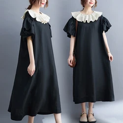 5638 Summer Luxury Elegant Lady Cotton Linen Dress For Women Ruffle Collar Simple Black Flare Sleeves Retro Casual Female Skirts