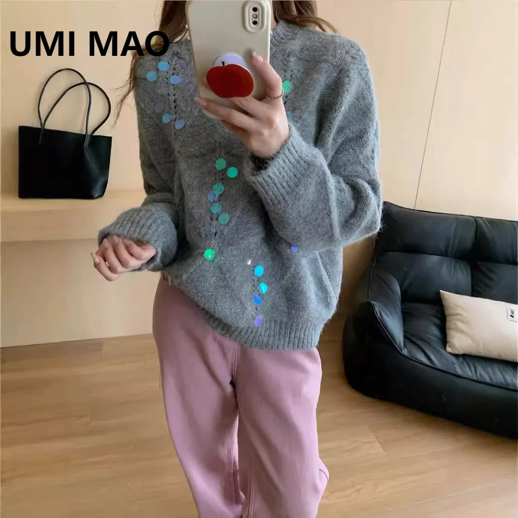 

UMI MAO French Style Sequin Hollow Soft Sweater Knitwear For Women Autumn Winter Heavy Craft Design Niche Lazy Loose Top